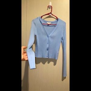 H&M: Cute, blue, ribbed, slightly cropped, V-neck, long sleeved, sweater top.